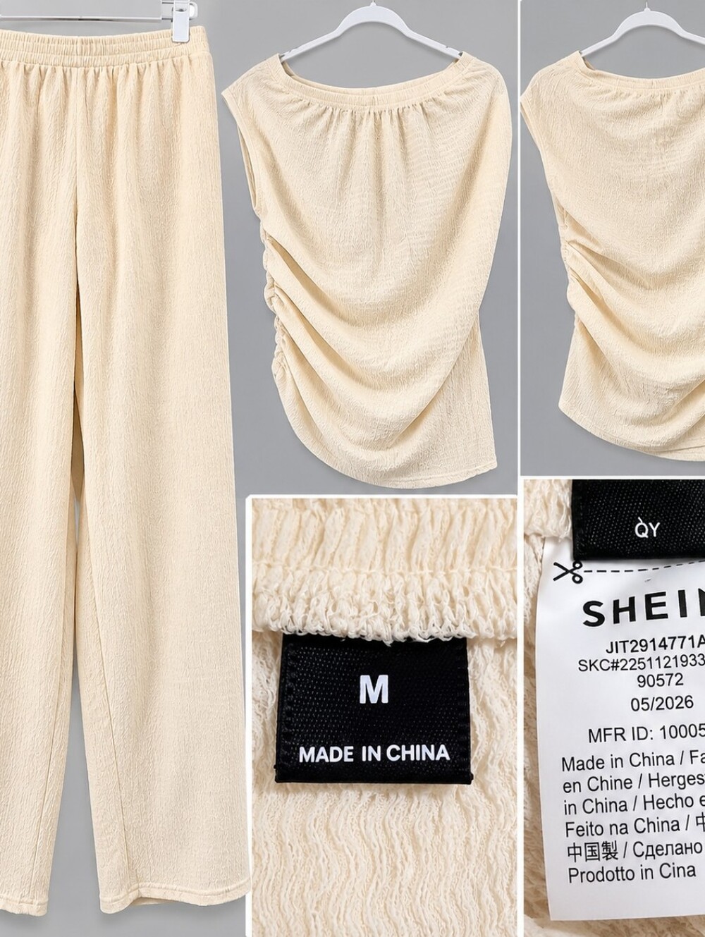 SHEIN Cream Wide-Leg Pants with Ruched Sleeveless Top Set
